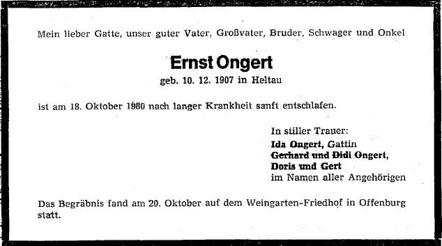 Ongert Ernst 1907-1980 Todesanzeige